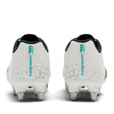 Rear view of a pair of Canterbury Stampede Groundbreak Team SG AU-WHITE/BALTIC GREEN rugby boots with metal studs and Baltic Green Canterbury branding on the heels, set against a plain white background.