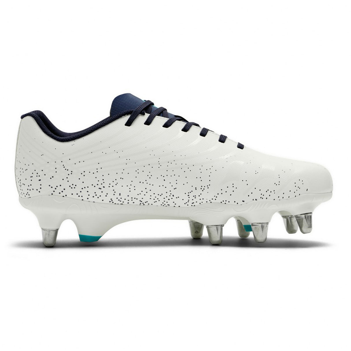 A Canterbury Stampede Groundbreak Team SG rugby boot in AU-WHITE/BALTIC GREEN, featuring a white upper with black speckles, navy laces, and metal studs, shown from the side against a plain background.