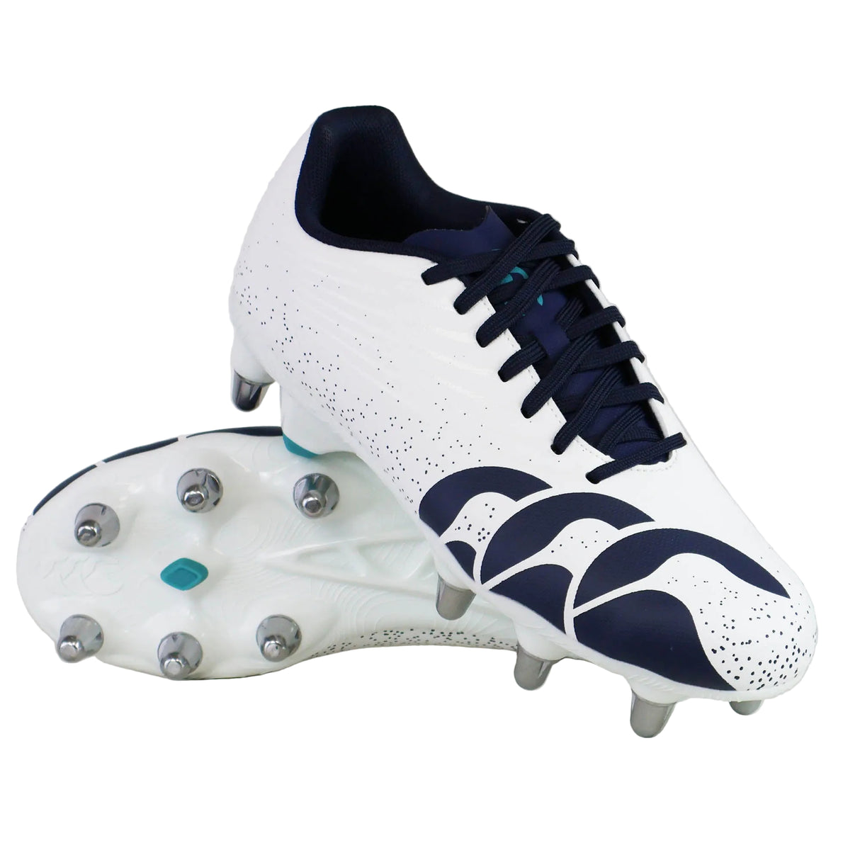 A pair of Canterbury Stampede Groundbreak Team SG AU rugby boots in white and Baltic green, designed specifically for forwards. These boots feature durable metal studs ideal for soft ground conditions. One boot is displayed upright while the other lies on its side, highlighting the robust sole engineered to endure intense rugby play.