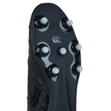 Close-up of the sole of a Canterbury Phoenix Genesis Pro FG rugby boot in Black/Silver Metallic, featuring six white studs and the Canterbury logo, highlighting its firm-ground design.
