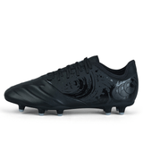 The Canterbury Phoenix Genesis Pro FG - Black/Silver Metallic is a black soccer cleat designed for firm-ground play, featuring a textured pattern and TPU-reinforced mesh. Its studs ensure optimal grip on the field.