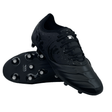 A pair of Canterbury Phoenix Genesis Pro FG - Black/Silver Metallic soccer cleats, one placed on top of the other, featuring a textured pattern, multiple studs on the sole, and a TPU-reinforced mesh for enhanced durability.