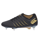 The Phoenix 2.0 Elite SG by Canterbury is a black rugby boot with gold accents and metal studs, ideal for elite forwards. Features a lace-up design and is shown on a white background.