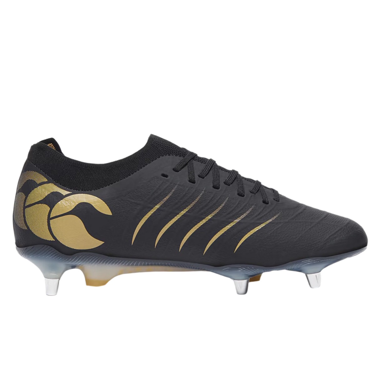 The Canterbury Phoenix 2.0 Elite SG by Canterbury, shown in black with gold accents and silver-tipped studs, is displayed in a side profile on a plain white background, inspired by elite forwards rugby boots.
