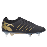 The Canterbury Phoenix 2.0 Elite SG by Canterbury, shown in black with gold accents and silver-tipped studs, is displayed in a side profile on a plain white background, inspired by elite forwards rugby boots.