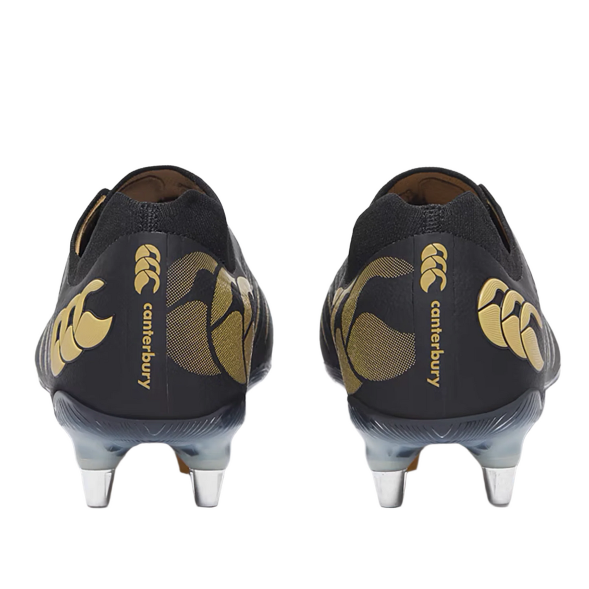 A pair of Canterbury Phoenix 2.0 Elite SG rugby boots in black with gold accents and metal studs, shown from the back on a plain background.
