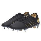 The Canterbury Phoenix 2.0 Elite SG rugby boots in black feature gold accents, a lace-up design, and metal studs for superior grip—ideal for soft ground play, shown on a white background.