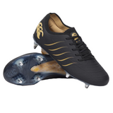 The Canterbury Phoenix 2.0 Elite SG rugby boots in black feature gold accents, metal studs, and a claw logo on heel and sole—ideal elite forwards boots for soft ground, shown on a white background.