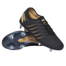 The Canterbury Phoenix 2.0 Elite SG rugby boots in black feature gold accents, metal studs, and a claw logo on heel and sole—ideal elite forwards boots for soft ground, shown on a white background.