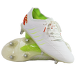 The Canterbury Phoenix 2.0 Elite SG rugby boots in Snow White/Tangerine Tango feature neon green lining, red accents, and metal studs, and are displayed on a plain white background.