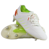 The Canterbury Phoenix 2.0 Elite SG rugby boots in Snow White/Tangerine Tango feature neon green lining, red accents, and metal studs, and are displayed on a plain white background.