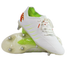 The Canterbury Phoenix 2.0 Elite SG rugby boots in Snow White/Tangerine Tango feature neon green lining, red accents, and metal studs, and are displayed on a plain white background.