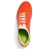 A top view of the Canterbury Phoenix 2.0 Elite SG rugby boot in Tangerine Tango/Snow White, featuring laces, a lime green inner lining, and a visible Canterbury logo on the insole.