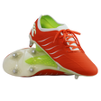 The Canterbury Phoenix 2.0 Elite SG rugby boots by Canterbury in Tangerine Tango/Snow White feature metal studs for top traction and vibrant orange and white-green accents, shown here on a white background.