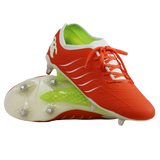 The Canterbury Phoenix 2.0 Elite SG rugby boots by Canterbury in Tangerine Tango/Snow White feature metal studs for top traction and vibrant orange and white-green accents, shown here on a white background.