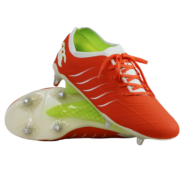 The Canterbury Phoenix 2.0 Elite SG rugby boots by Canterbury in Tangerine Tango/Snow White feature metal studs for top traction and vibrant orange and white-green accents, shown here on a white background.