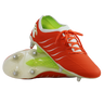 The Canterbury Phoenix 2.0 Elite SG rugby boots by Canterbury in Tangerine Tango/Snow White feature metal studs for top traction and vibrant orange and white-green accents, shown here on a white background.
