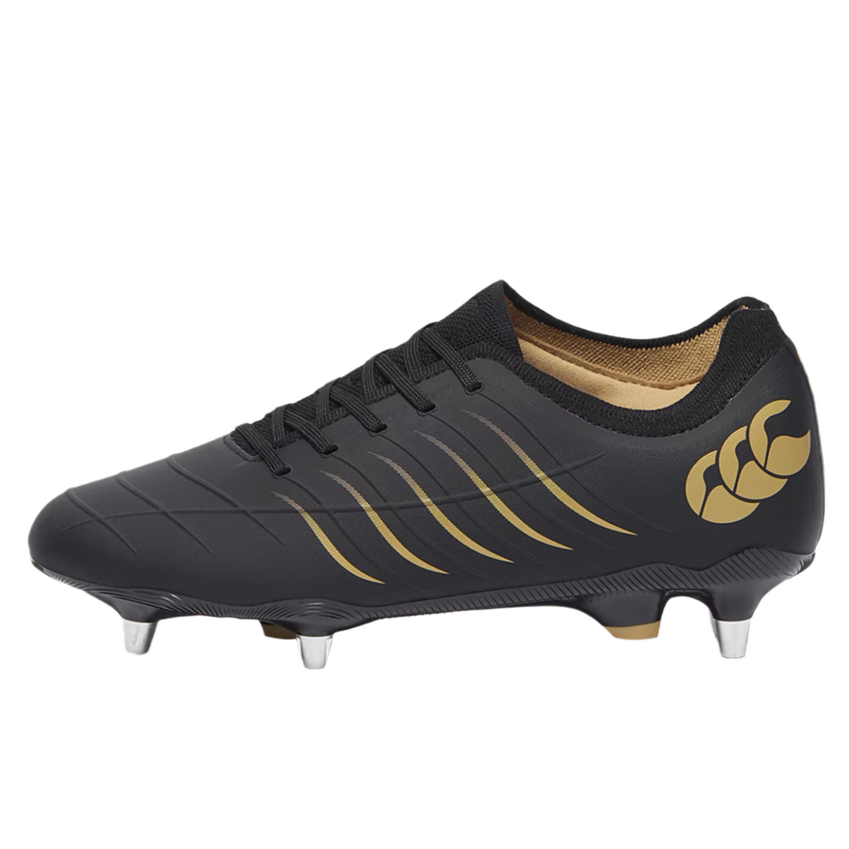 The Phoenix 2.0 Pro SG by Canterbury features a black design with gold accents, metal studs for soft ground, and the Canterbury logo on the heel.