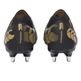Rear view of Canterbury Phoenix 2.0 Pro SG rugby boots in black with gold Canterbury logos and metal studs, ideal for soft ground.