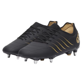 The Canterbury Phoenix 2.0 Pro SG rugby boots in black, featuring gold accents and metal studs for soft ground, are displayed on a white background.