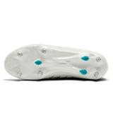 Featuring a white cleat outsole with six metal studs and two accents in Baltic Green, the Canterbury Phoenix 2.0 Pro SG—shown from the bottom—displays an embossed Canterbury logo on the heel area of the sole. Designed as a soft ground rugby boot ideal for forwards, this model offers both performance and distinctive style.
