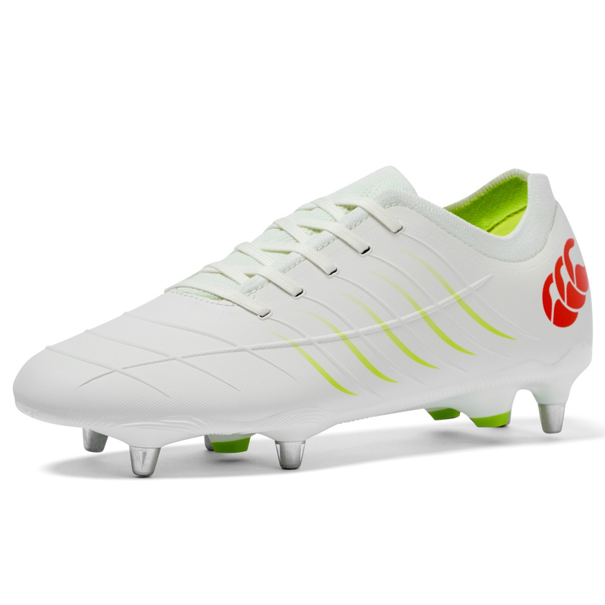 The Canterbury Phoenix 2.0 Pro SG - Snow White/Tangerine Tango rugby boots by Canterbury, shown on a plain white background, are ideal for players seeking reliable soft ground performance.
