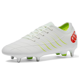 The Canterbury Phoenix 2.0 Pro SG - Snow White/Tangerine Tango rugby boots by Canterbury, shown on a plain white background, are ideal for players seeking reliable soft ground performance.