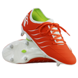 The Canterbury Phoenix 2.0 Pro SG boots in Tangerine Tango/Snow White feature green inner lining; one stands upright, the other lies on its side, displaying metal studs that highlight their durable sports design.
