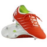 The Canterbury Phoenix 2.0 Pro SG boots in Tangerine Tango/Snow White feature green inner lining; one stands upright, the other lies on its side, displaying metal studs that highlight their durable sports design.