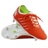 The Canterbury Phoenix 2.0 Pro SG boots in Tangerine Tango/Snow White feature green inner lining; one stands upright, the other lies on its side, displaying metal studs that highlight their durable sports design.