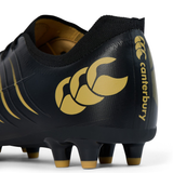 Close-up of the heel of the Canterbury Phoenix 2.0 Pro FG - Black rugby boot, showcasing gold Canterbury logo and branding, with molded studs on the sole designed for lightweight power on firm ground.