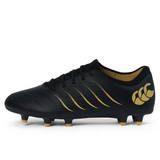 The Canterbury Phoenix 2.0 Pro FG - Black is a rugby boot from Canterbury, featuring gold accents such as stripes and logo, molded studs for firm ground play, and offers lightweight power on the pitch.