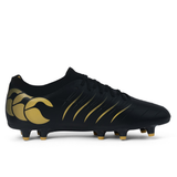 The Canterbury Phoenix 2.0 Pro FG - Black is a black and gold firm ground soccer cleat by Canterbury, featuring a patterned design, laces, and molded studs on the outsole for lightweight power and enhanced performance, shown from a side view.