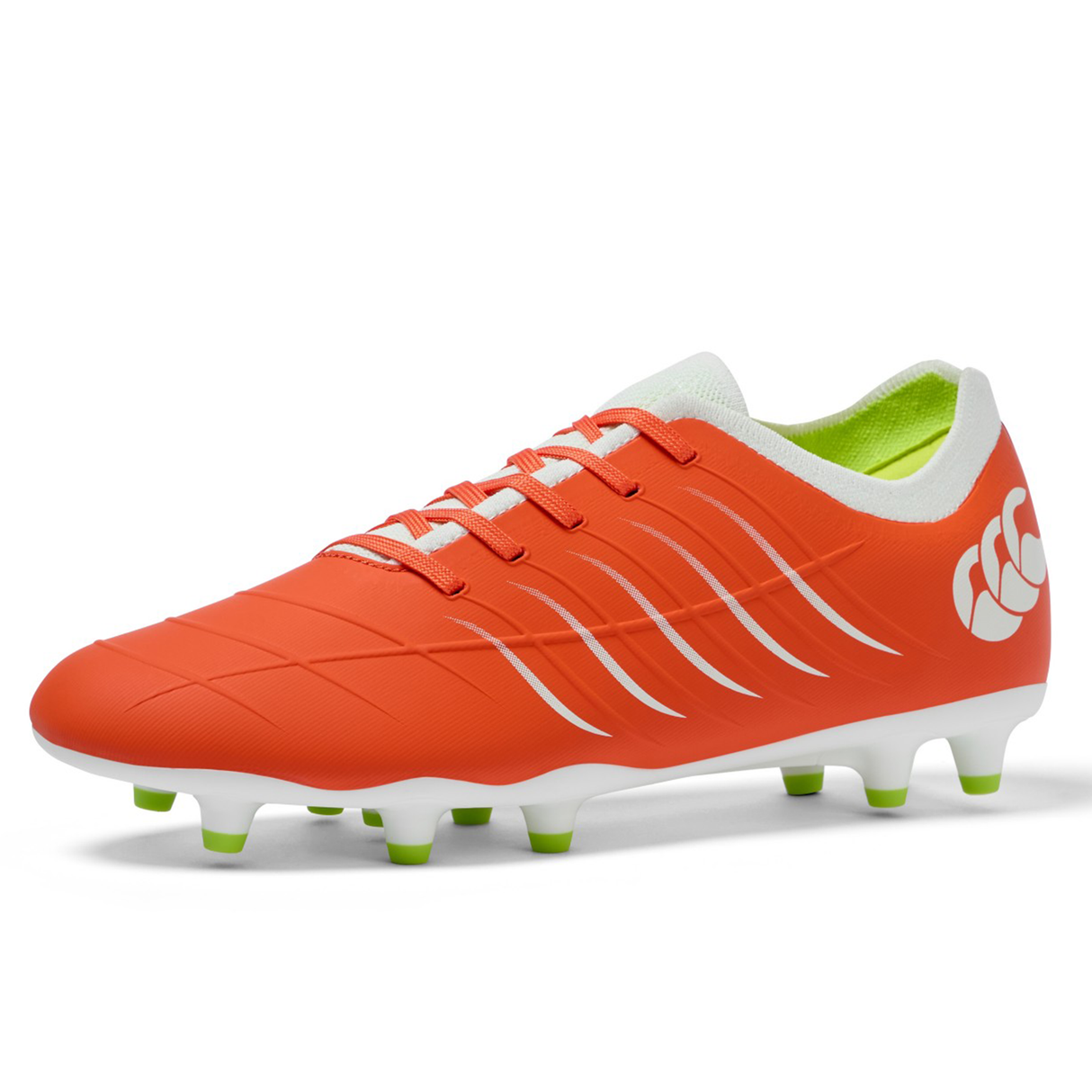 A single Canterbury Phoenix 2.0 Pro FG cleat in Tangerine Tango/Snow White, with white accents, laces, and green-tipped studs, is displayed on a Snow White background.