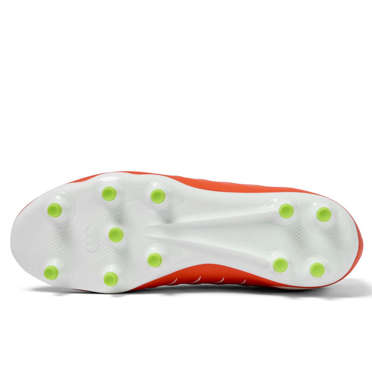 Bottom view of the Canterbury Phoenix 2.0 Pro FG - Tangerine Tango/Snow White by Canterbury, featuring a Snow White sole with twelve green-tipped studs and a striking Tangerine Tango upper.
