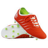 A pair of Canterbury Phoenix 2.0 Pro FG soccer cleats in Tangerine Tango/Snow White, one upright and one sole up to display the green-studded bottom.