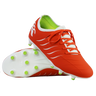 A pair of Canterbury Phoenix 2.0 Pro FG soccer cleats in Tangerine Tango/Snow White, one upright and one sole up to display the green-studded bottom.