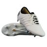 The Canterbury Phoenix 2.0 Team SG rugby boots by Canterbury feature a white design with black accents, metal studs, and a branded heel; one boot is upright while the other shows its sole.