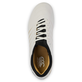 Top view of the Canterbury Phoenix 2.0 Team SG rugby boot in white by Canterbury, featuring black accents, white laces, a brown interior, and displaying the Canterbury logo.
