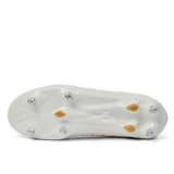 Bottom view of the Canterbury Phoenix 2.0 Team SG - White rugby boot by Canterbury, featuring six metal studs and two yellow accents on the sole.
