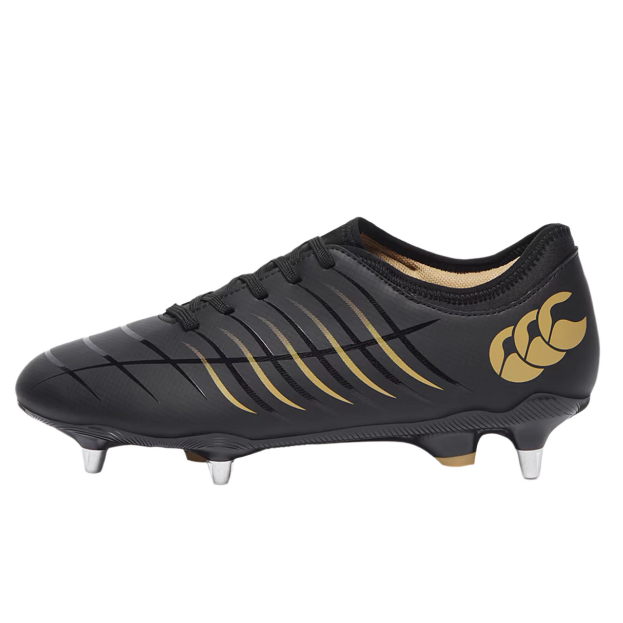 The Canterbury Phoenix 2.0 Team SG - Black rugby boot by Canterbury features gold accents, three metal studs, and a heel logo, shown on a plain white background.