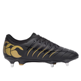 The Canterbury Phoenix 2.0 Team SG - Black by Canterbury is shown in side profile, featuring gold accents, metal studs, and a laced closure—a reliable choice for players needing soft ground rugby boots.