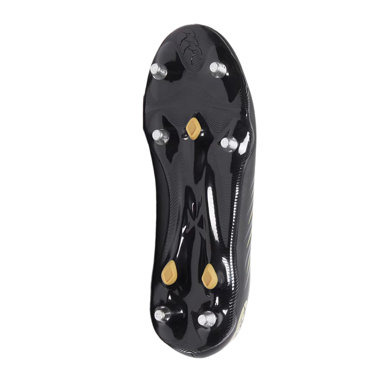 Bottom view of the Canterbury Phoenix 2.0 Team SG - Black rugby boots by Canterbury, showing a black sole with six metal studs and three gold-colored plastic supports for use on soft ground.