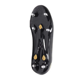 Bottom view of the Canterbury Phoenix 2.0 Team SG - Black rugby boots by Canterbury, showing a black sole with six metal studs and three gold-colored plastic supports for use on soft ground.