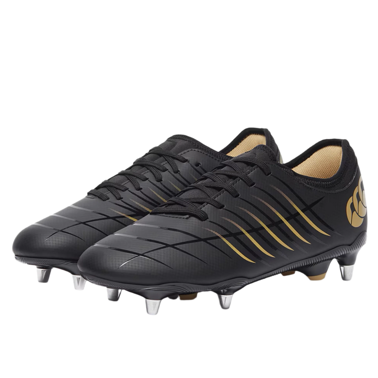 The Canterbury Phoenix 2.0 Team SG - Black rugby boots by Canterbury feature gold accents, metal studs, and lace-up fronts, displayed on a plain white background.