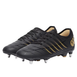 The Canterbury Phoenix 2.0 Team SG - Black rugby boots by Canterbury feature gold accents, metal studs, and lace-up fronts, displayed on a plain white background.