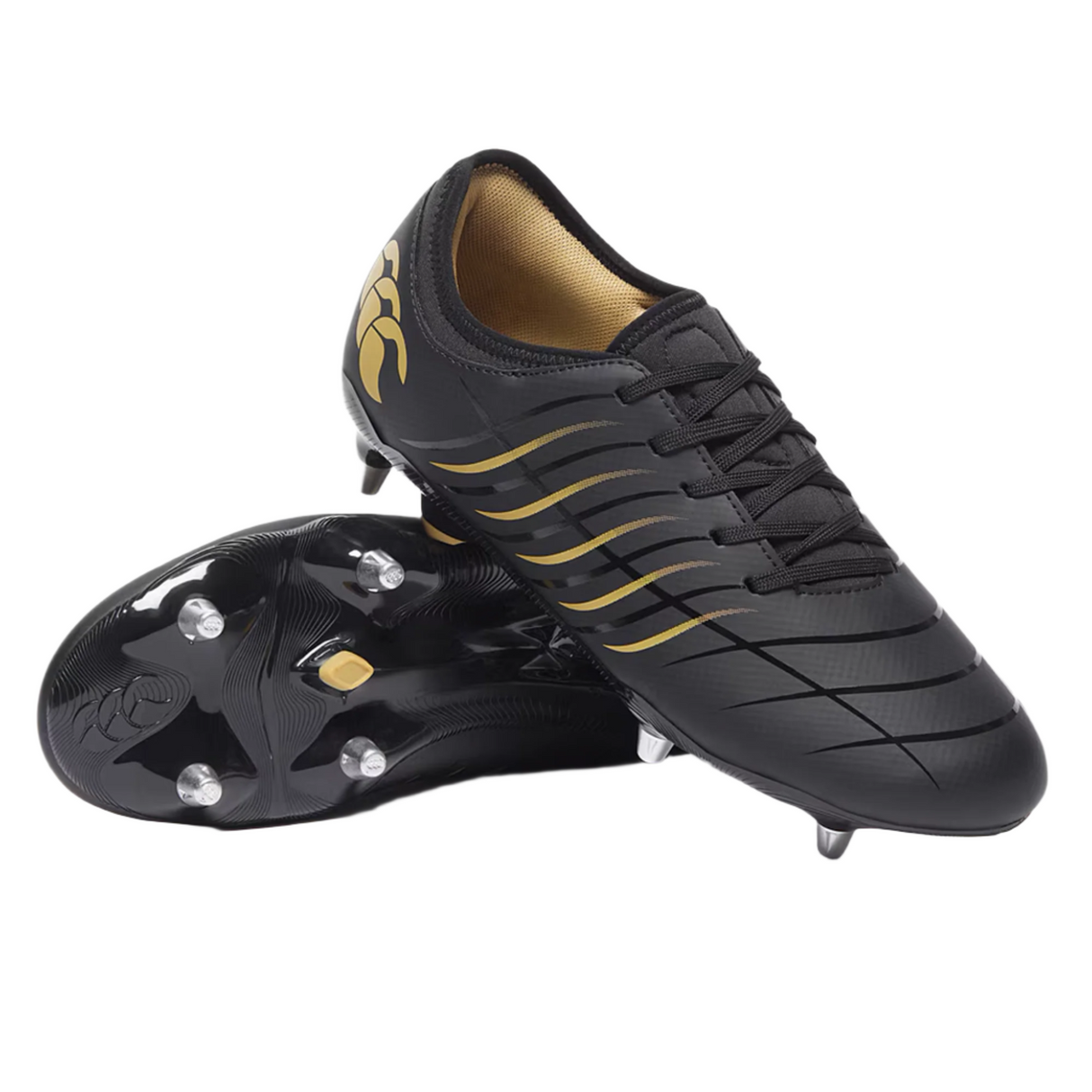 A pair of Canterbury Phoenix 2.0 Team SG - Black rugby boots: one upright, the other on its side to display the sole and metallic studs.