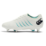 White Canterbury Phoenix 2.0 Team SG AU Rugby Boots with teal stripes and metal studs.