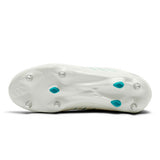 Canterbury Phoenix 2.0 Team SG AU Rugby Boots in white, shown from the sole with metal studs and teal accents.