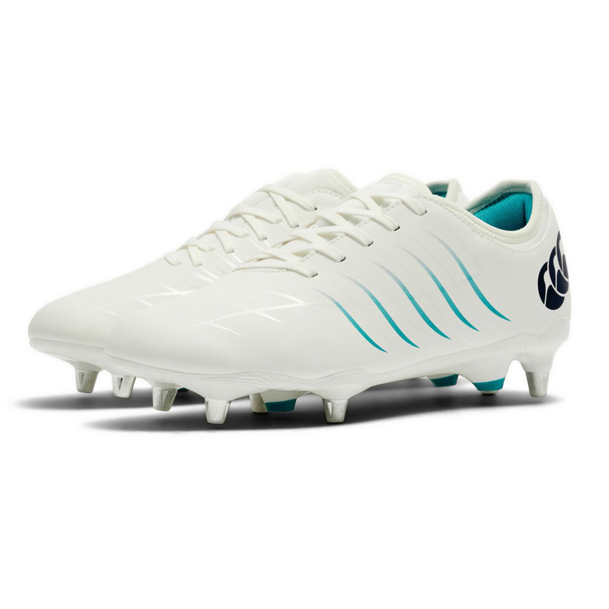 Canterbury Phoenix 2.0 Team SG AU Rugby Boots in white with teal side stripes, a dark logo on the heel, and metal studs.